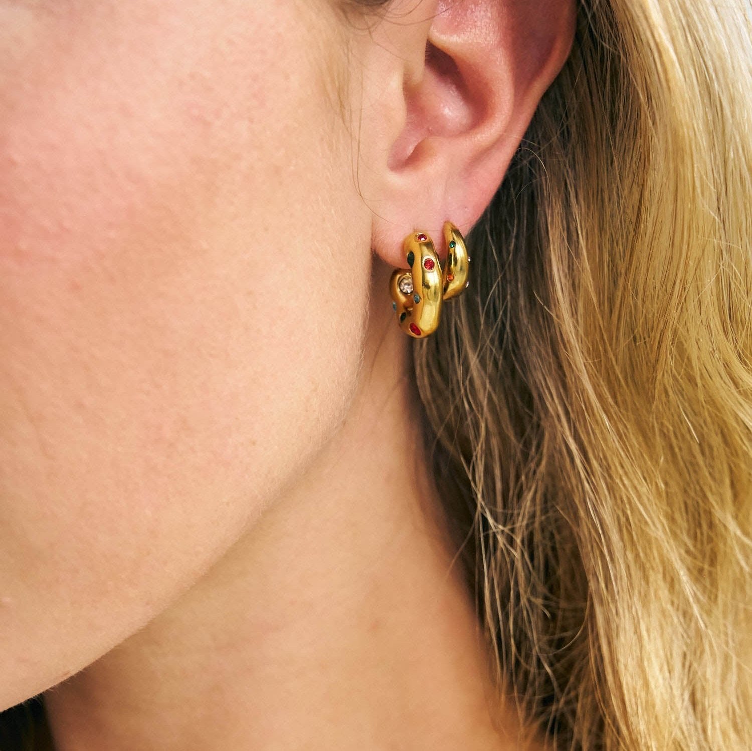 Multicoloured gemstone gold earring stack