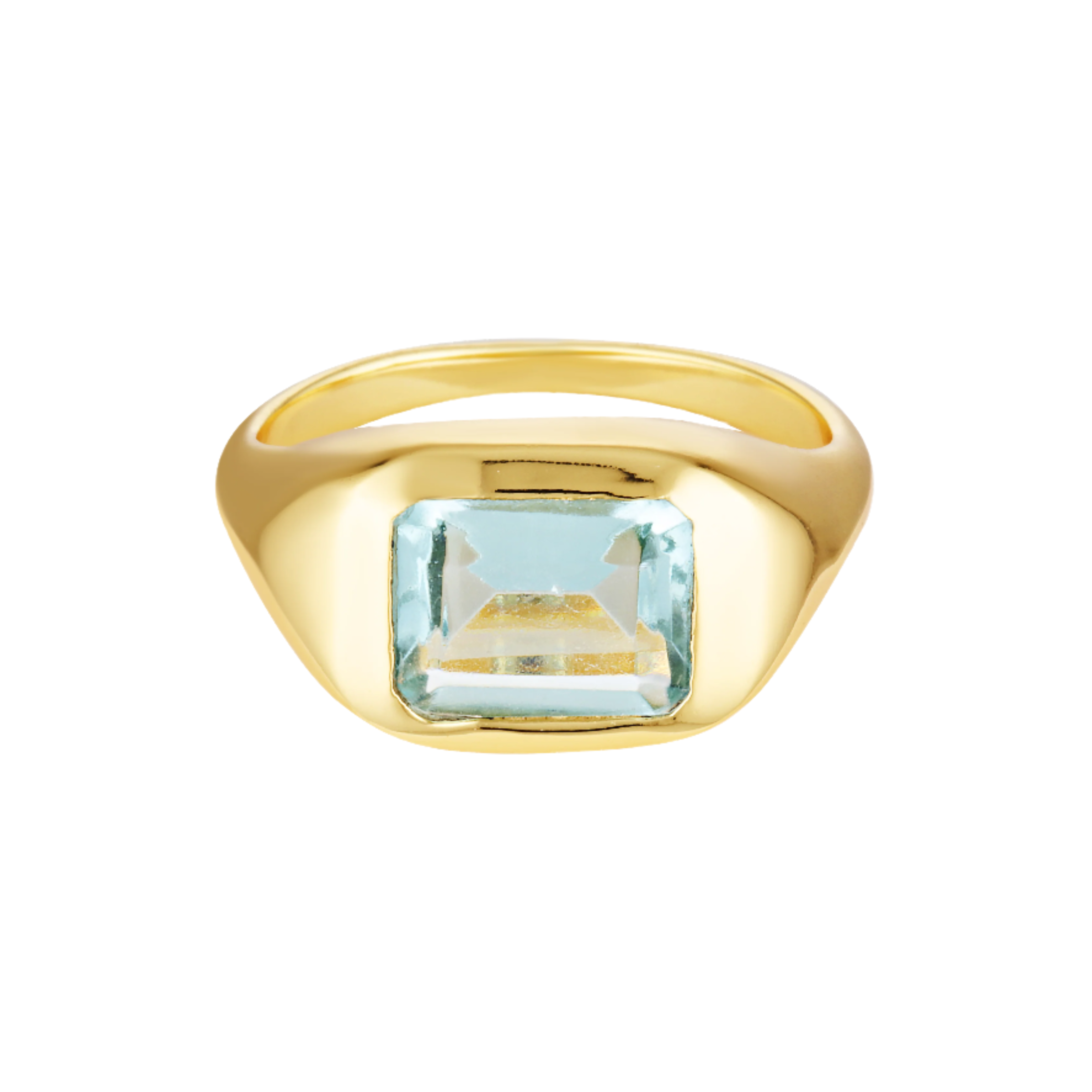 Aquamarine Juliet Ring. Signet Ring shaped, baguette cut semi precious gemstone, 18k Gold on Sterling silver base