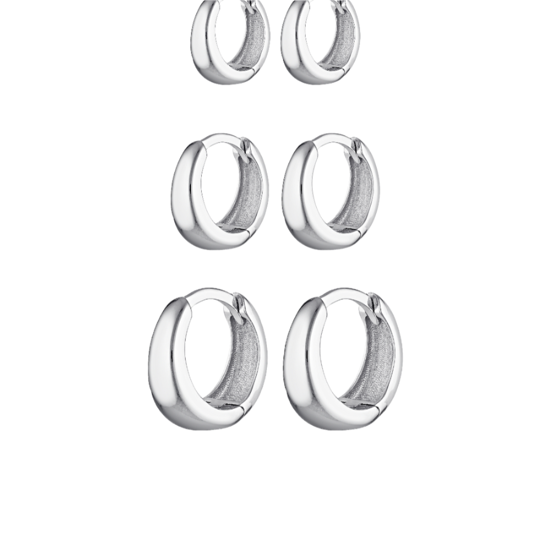 Set of six silver hoop earrings on a white background