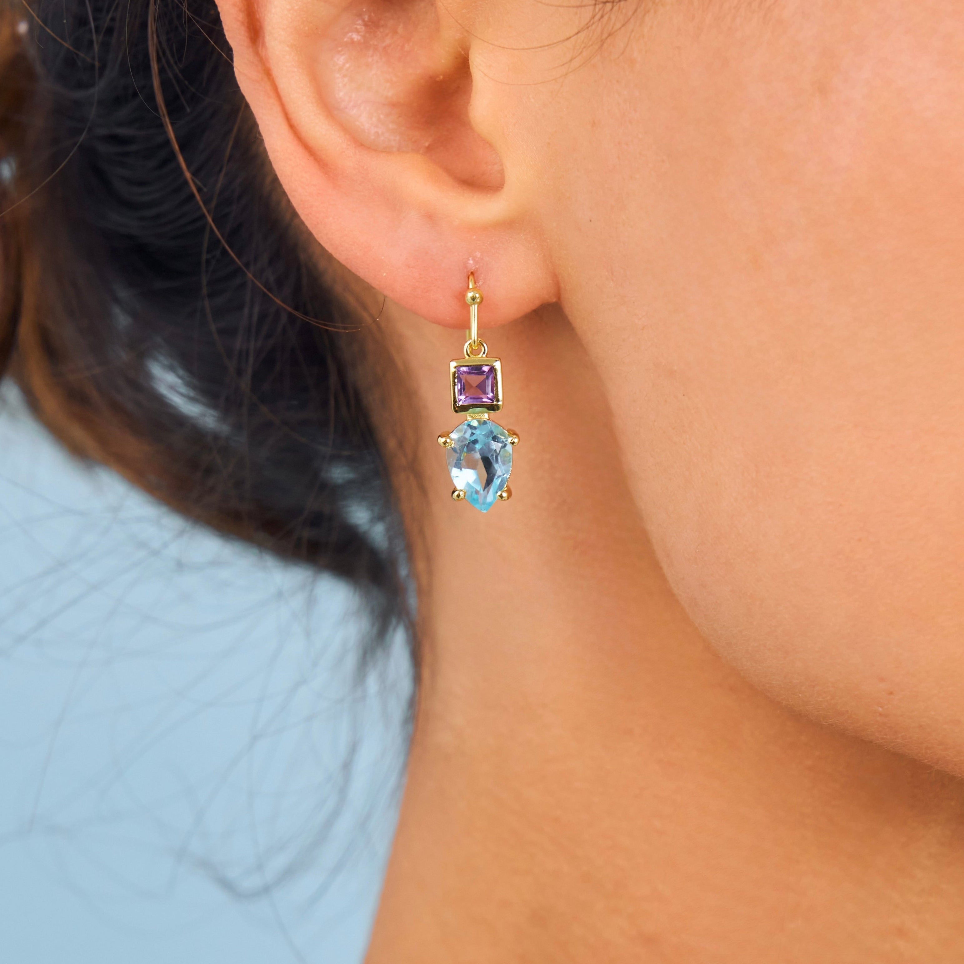 Blue and purple gemstone wire hook earrings
