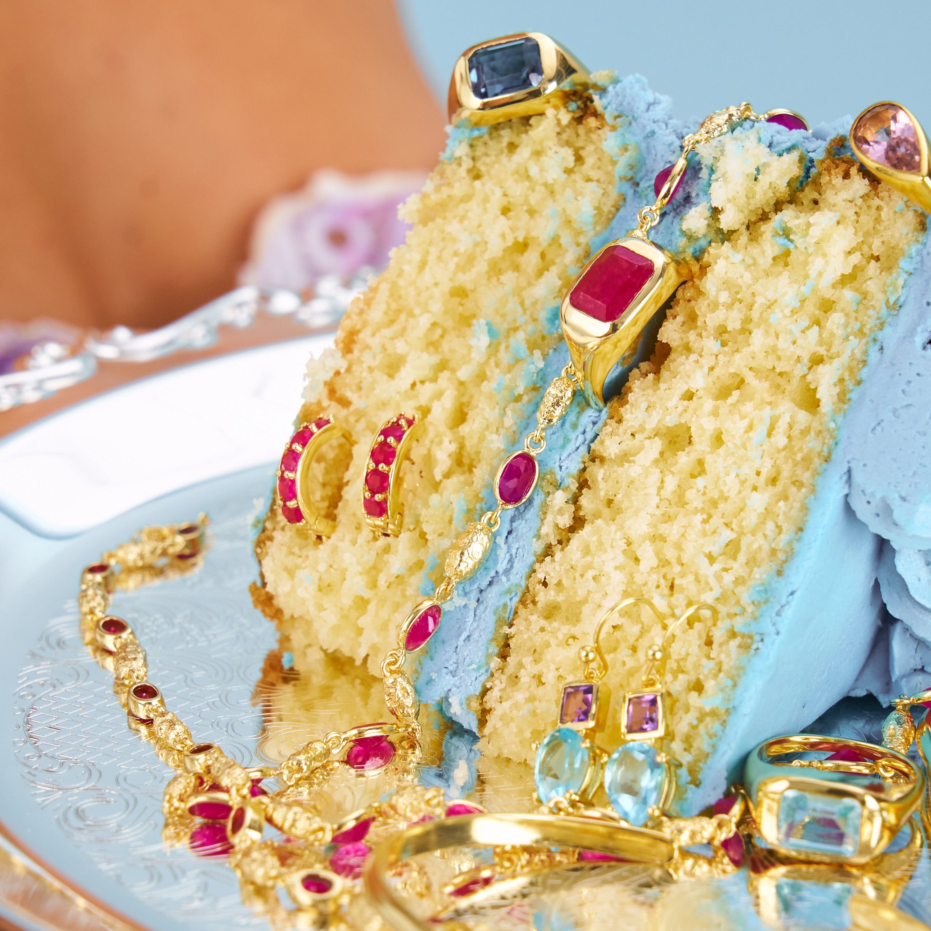 The Fete Collection of semi precious gemstone jewellery shown on Marie Antoinette styling