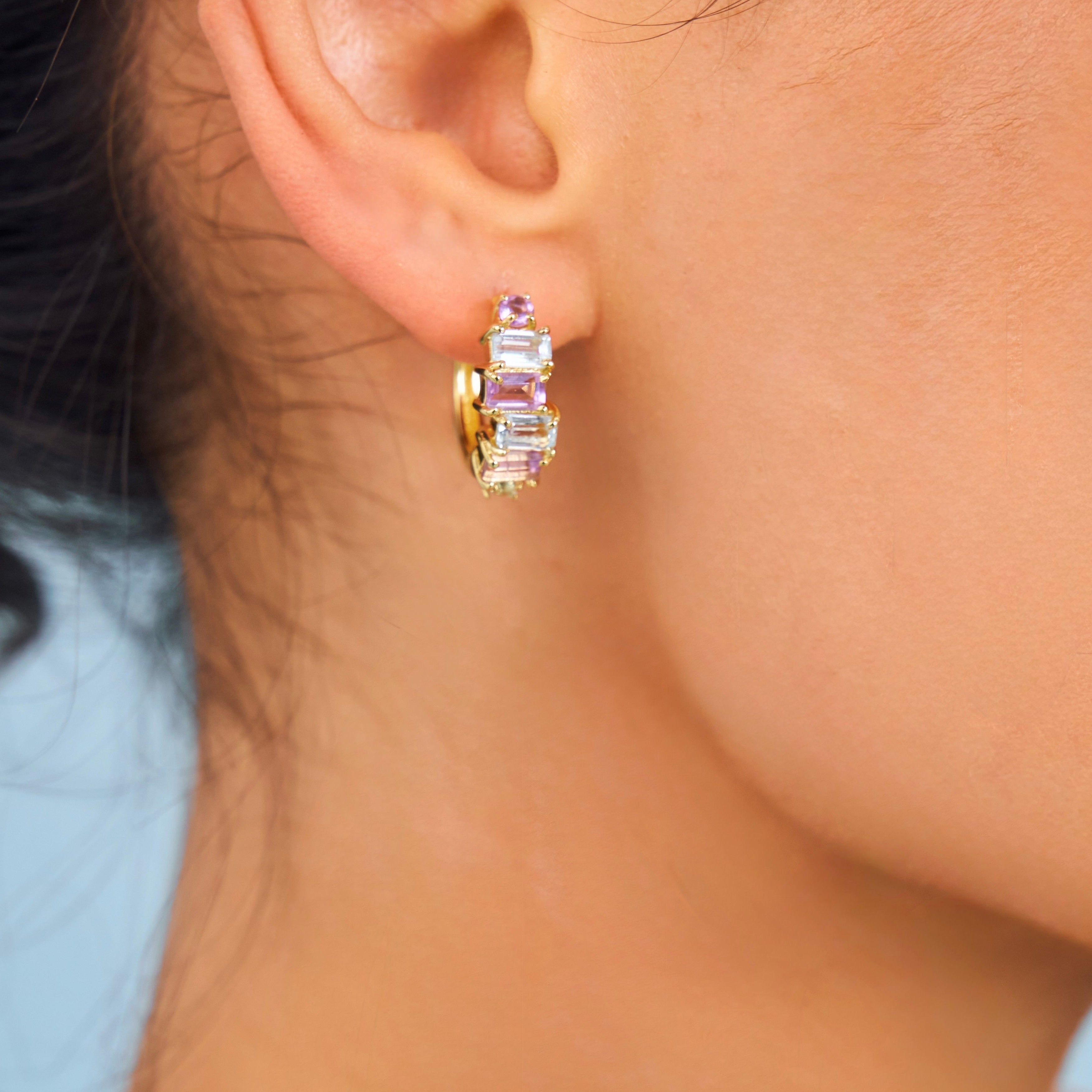 Scandal hoops pale amethyst and aquamarine gemstone hoops