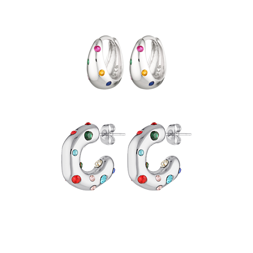 Firework Set - beautiful sterling silver earring stack with small multicoloured glass gems