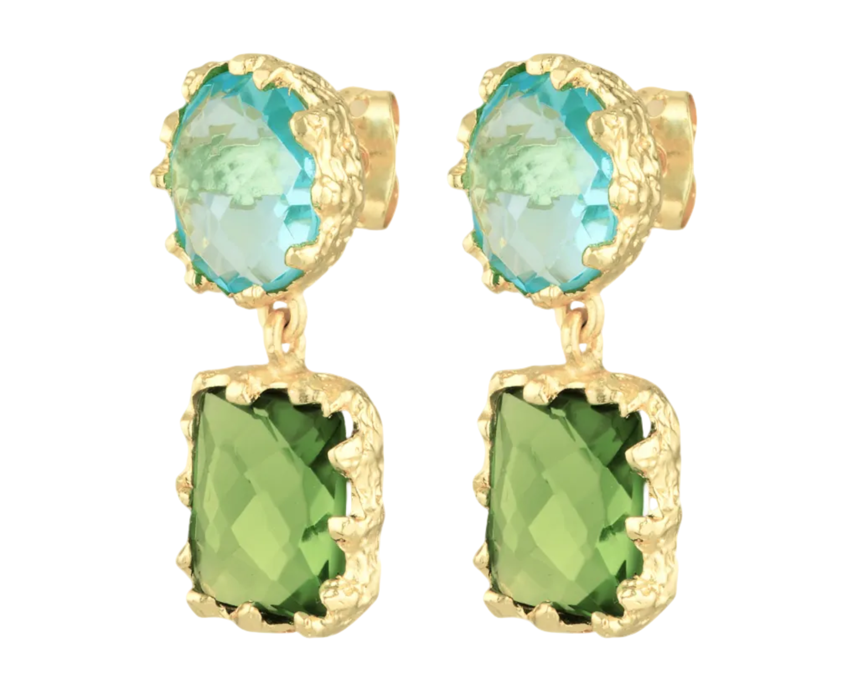 Gold earrings with green and blue gemstones on a white background