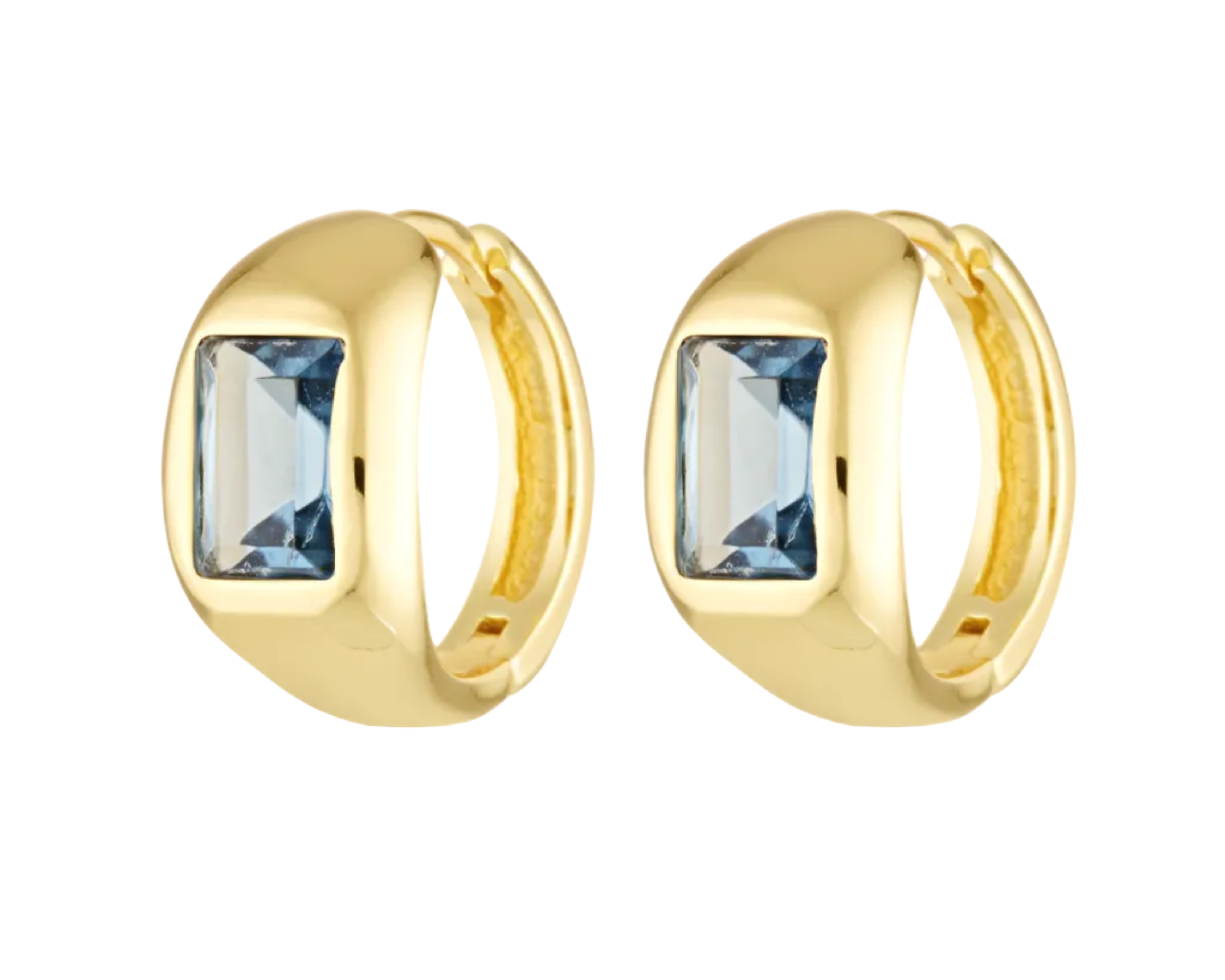 Gold hoop earrings with blue gemstones on a white background