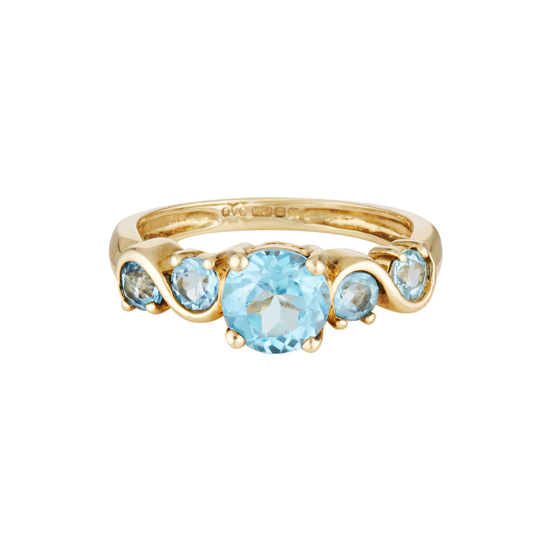 Gold ring with blue gemstones on a white background