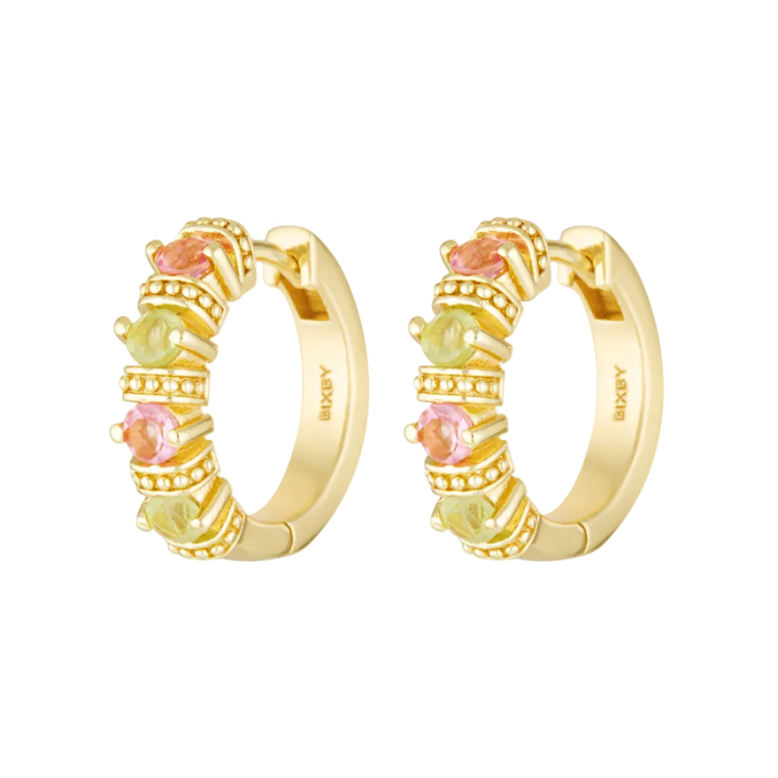 Gold hoop earrings with colorful gemstones on a white background