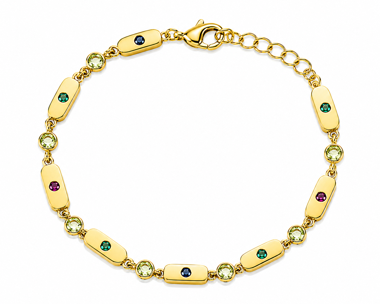 A gold bracelet with elongated rectangular links, round bezel-set green and light green stones, and small oval stones in dark blue and purple, displayed on a clean white background.