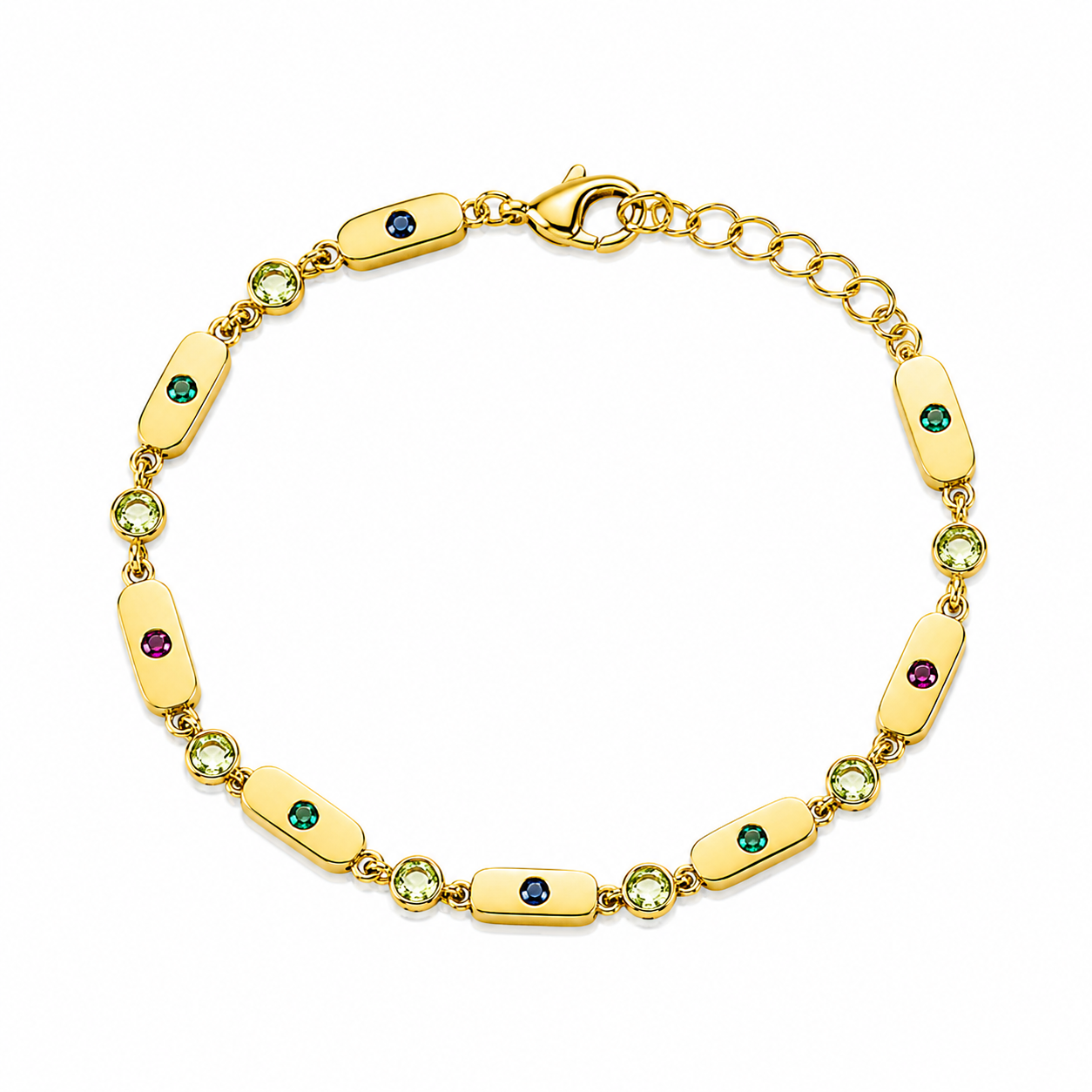 A gold bracelet with elongated rectangular links, round bezel-set green and light green stones, and small oval stones in dark blue and purple, displayed on a clean white background.