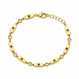 A gold bracelet with elongated rectangular links, round bezel-set green and light green stones, and small oval stones in dark blue and purple, displayed on a clean white background.
