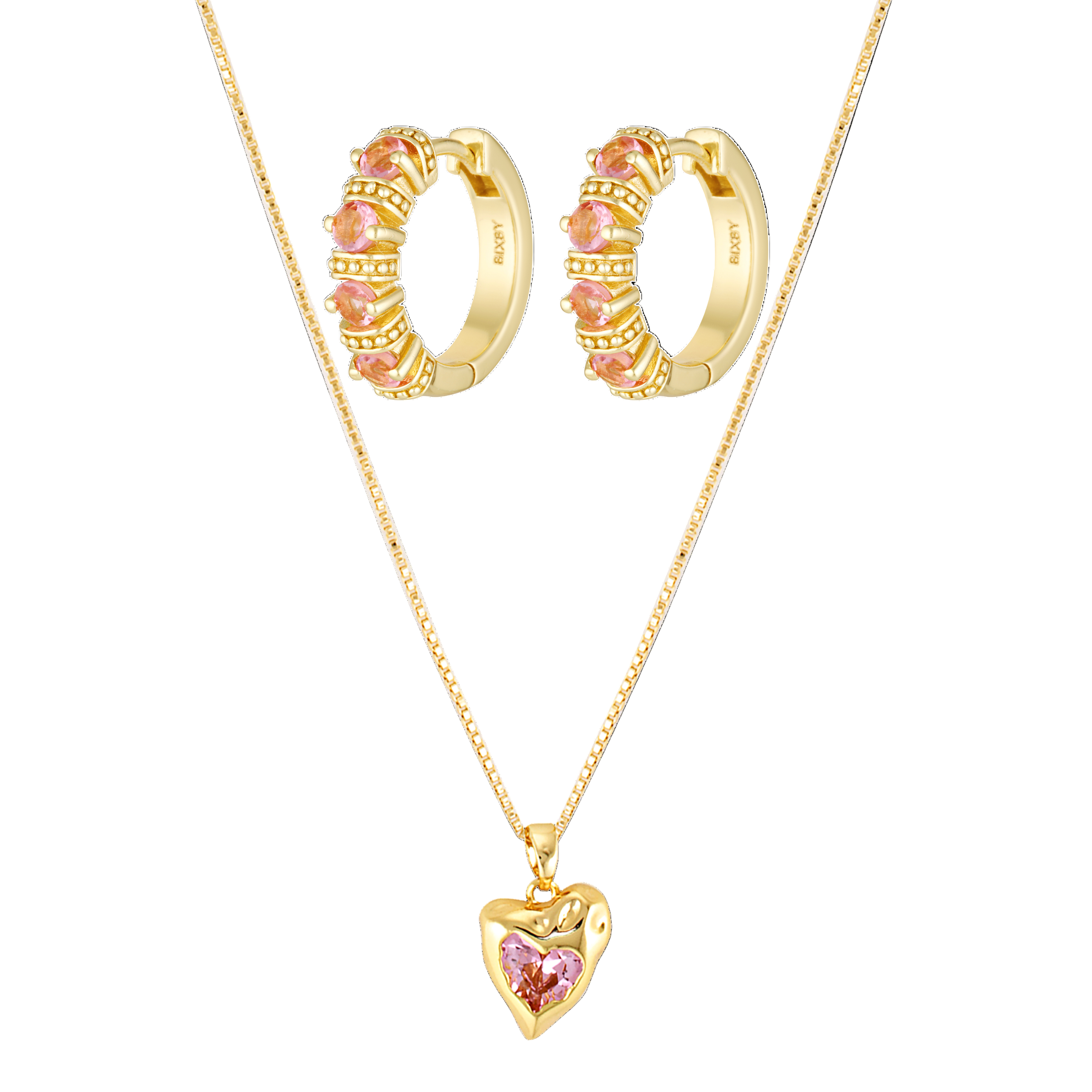 Gold jewelry set with heart-shaped pendant and hoop earrings on a white background