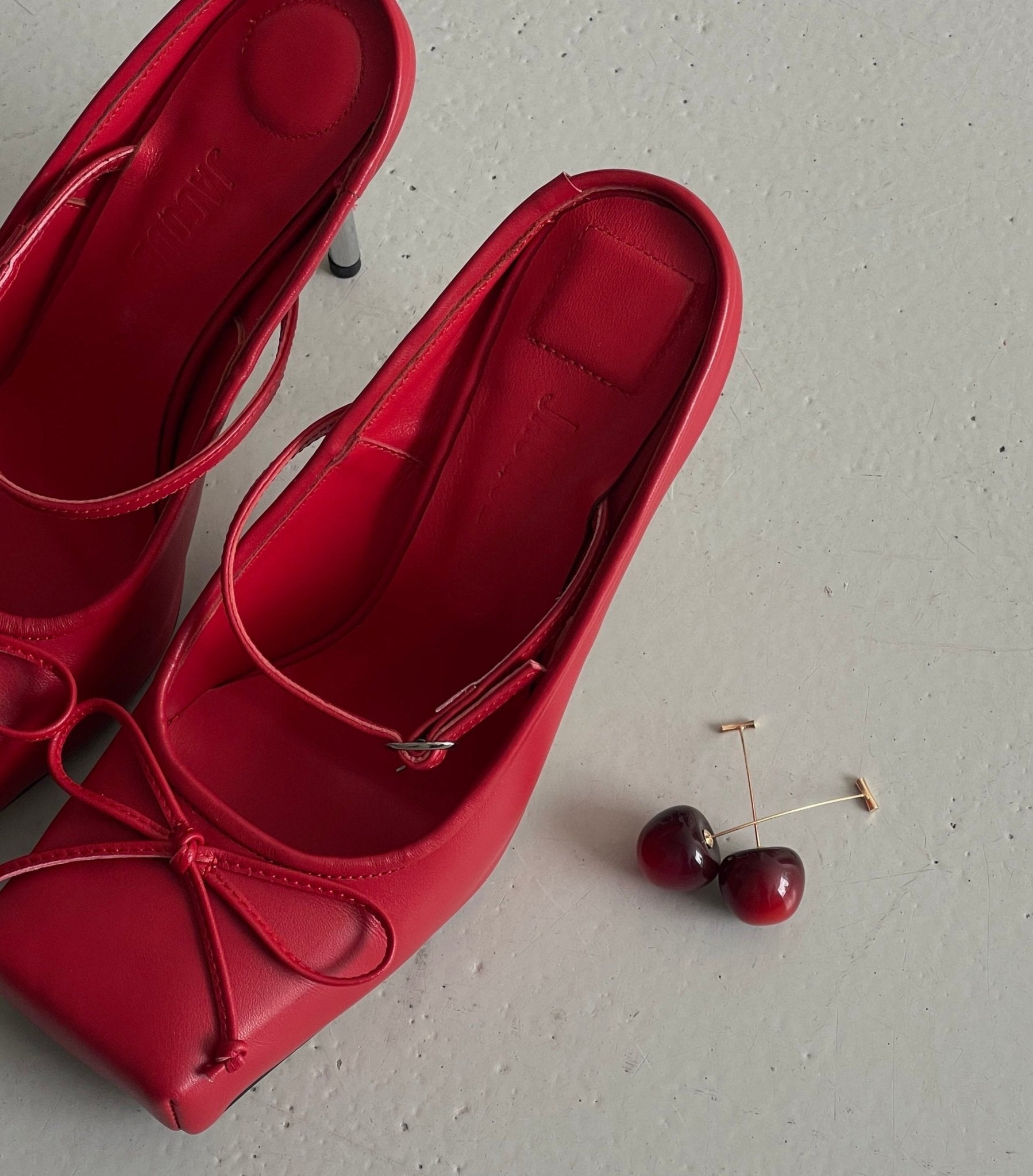 cherry red dangly earrings with gold fill stems