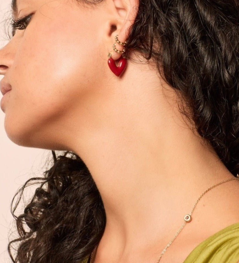 Red  Heart Shaped enamel and gold fill earrings 
