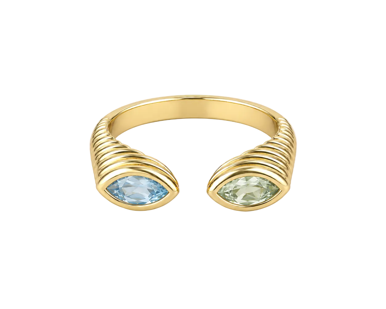 A gold open ring band featuring two marquise-cut gemstones, one light blue and one pale green, set in a ribbed wrap design on a light beige background.