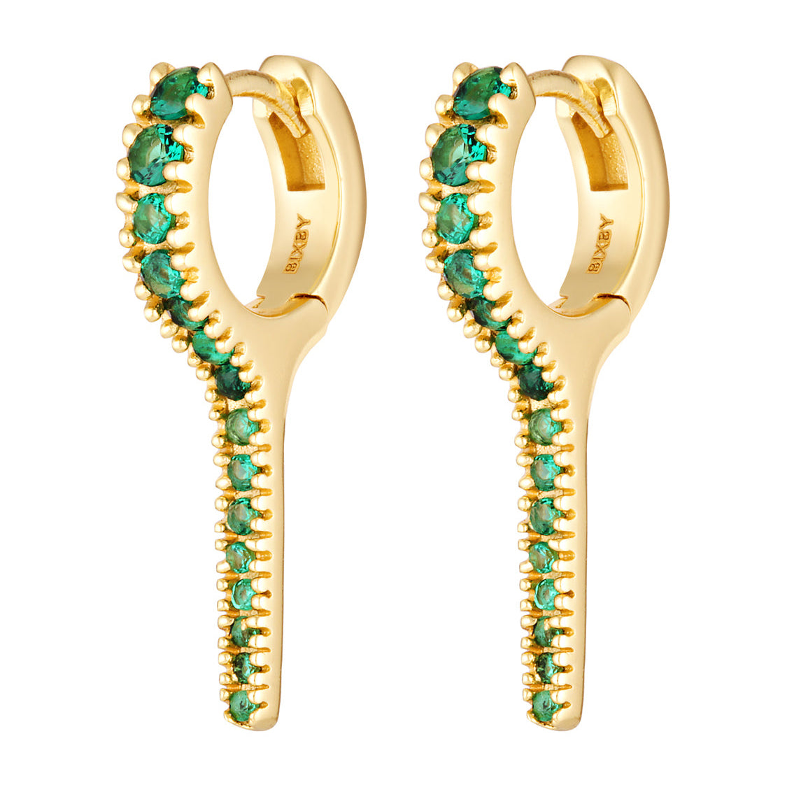 Gold hoop earrings with green gemstones on a white background