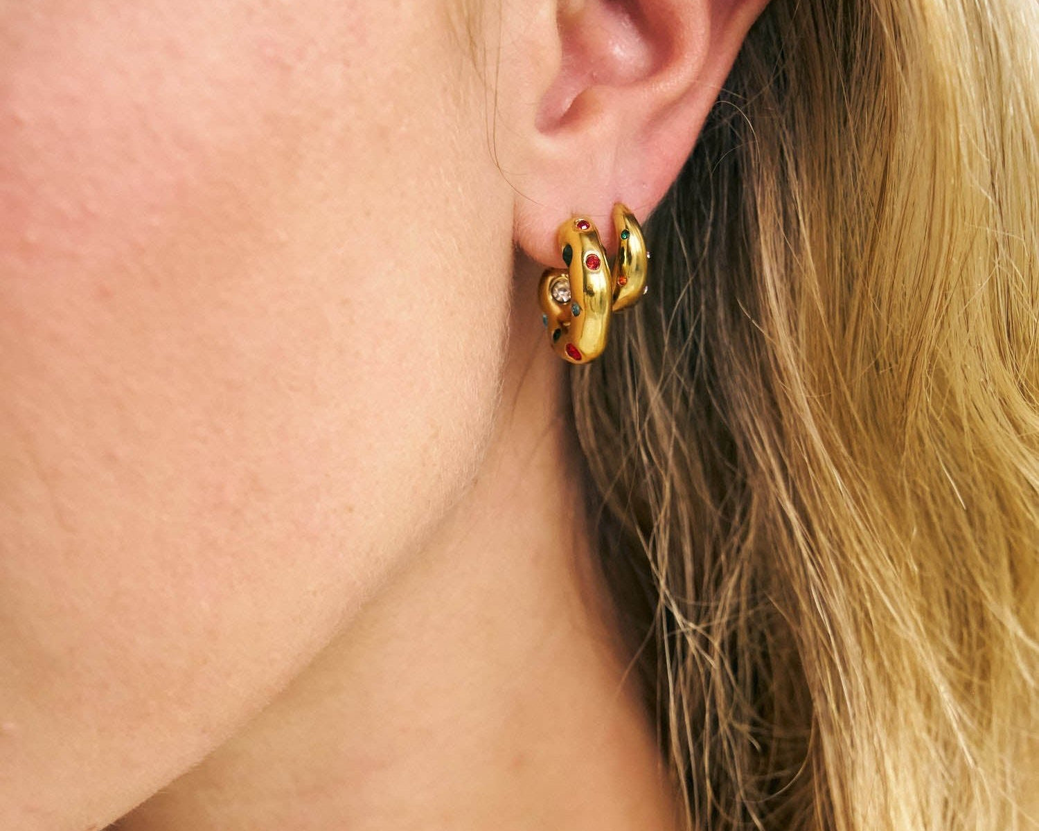 Multicoloured gemstone gold earring stack 