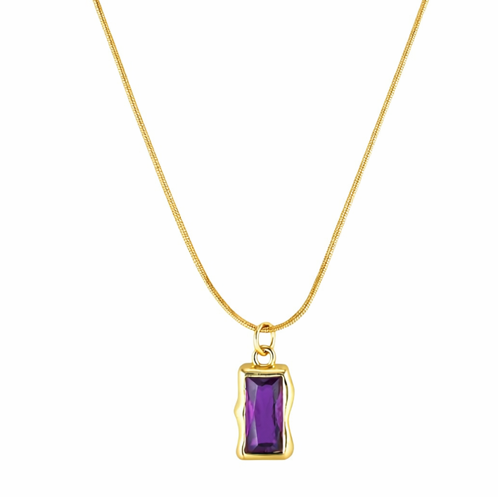 Gold necklace with a purple gemstone pendant on a white background