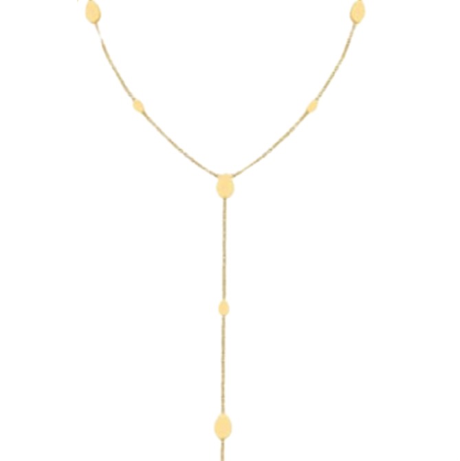 A gold-colored lariat style necklace with teardrop-shaped pieces on a white background.
