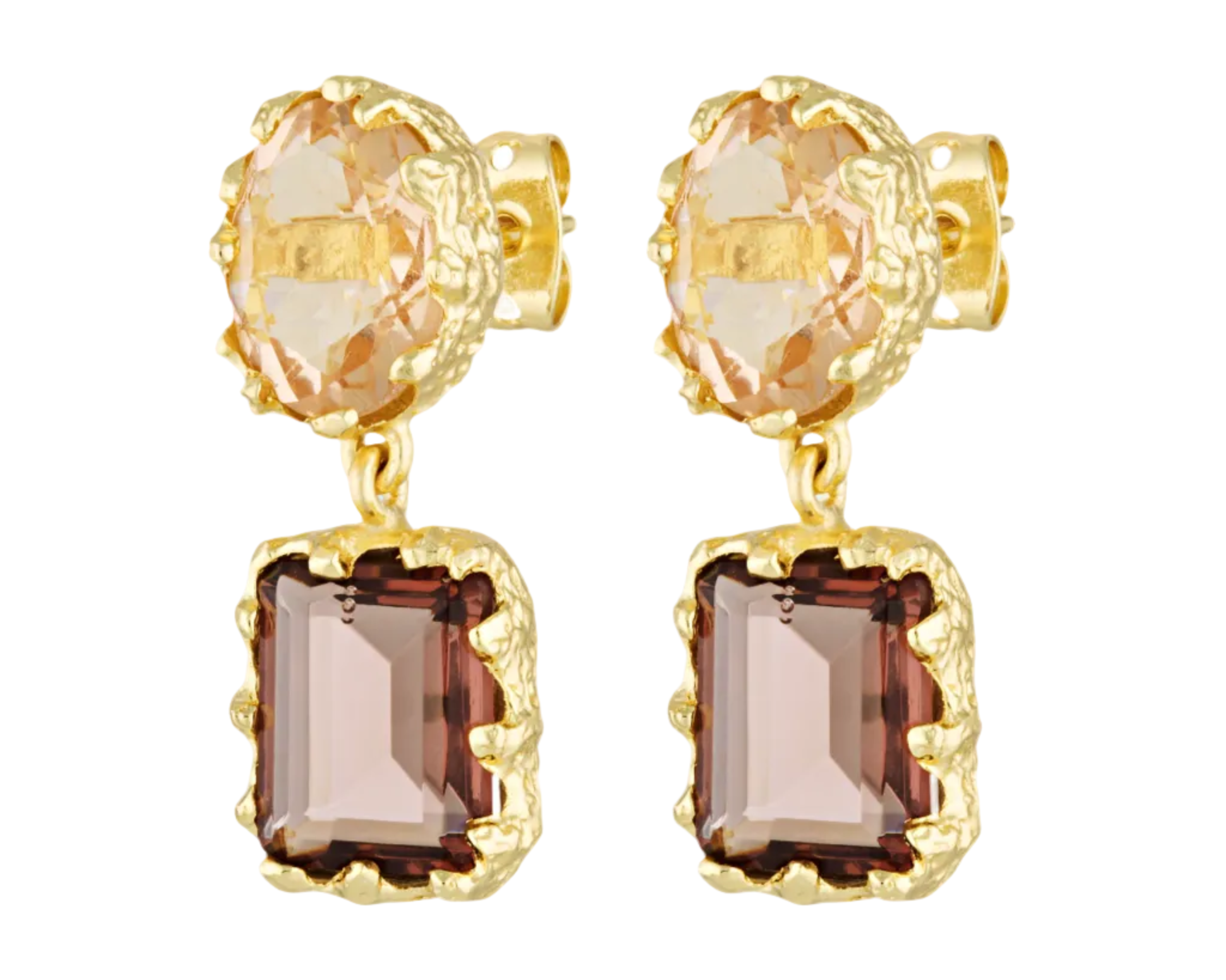 Gold earrings with pink and brown gemstones on a white background