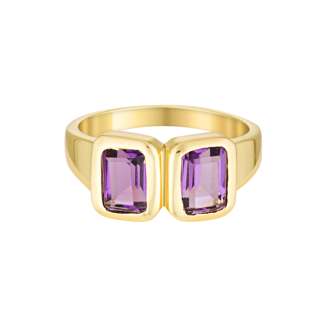 Gold ring with purple gemstones on a white background