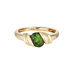 Gold ring with a green gemstone on a white background