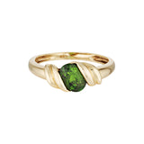Gold ring with a green gemstone on a white background