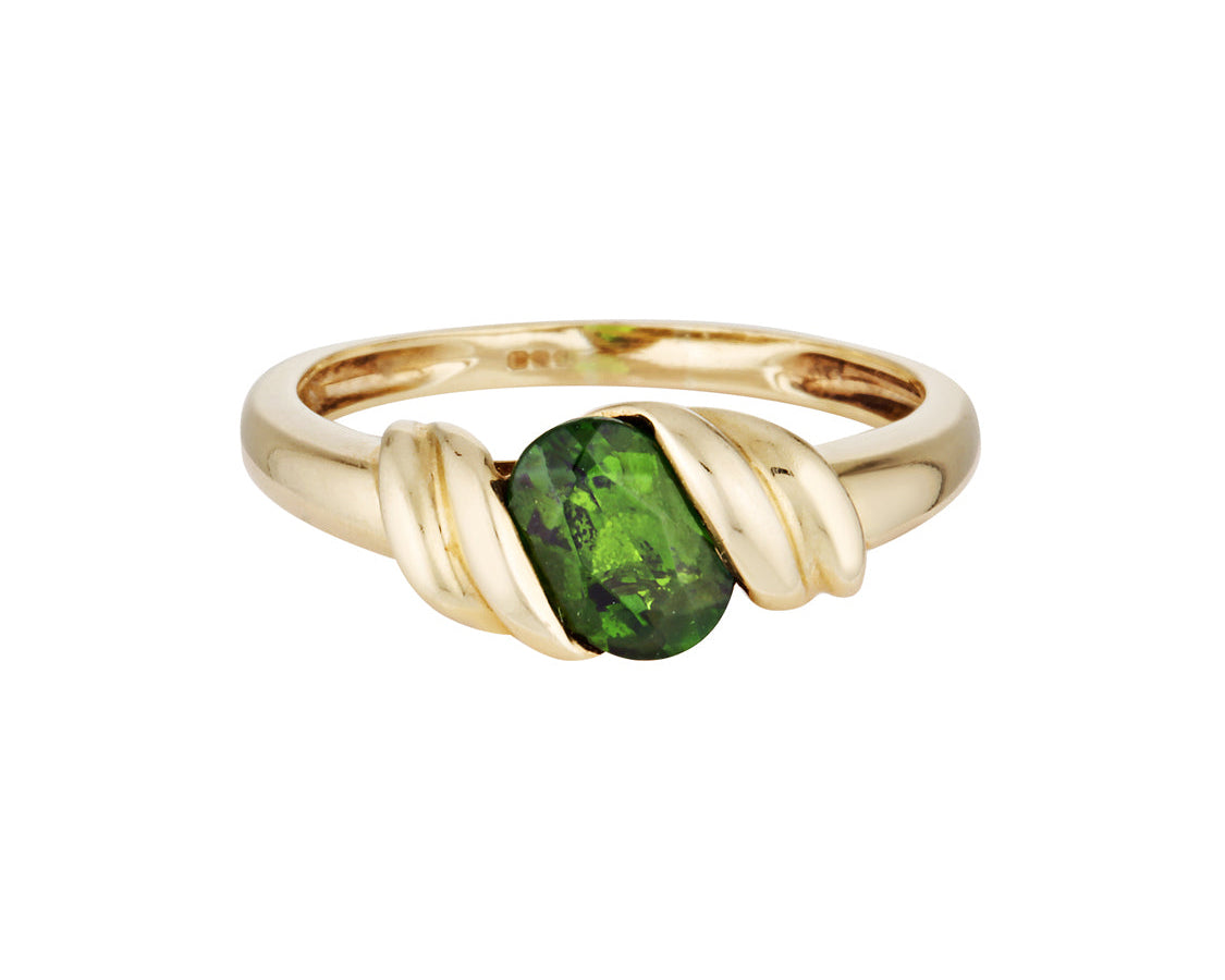 Gold ring with a green gemstone on a white background