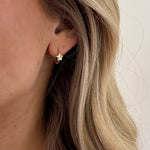 Close-up of a person wearing a gold star-shaped earring with blonde hair.
