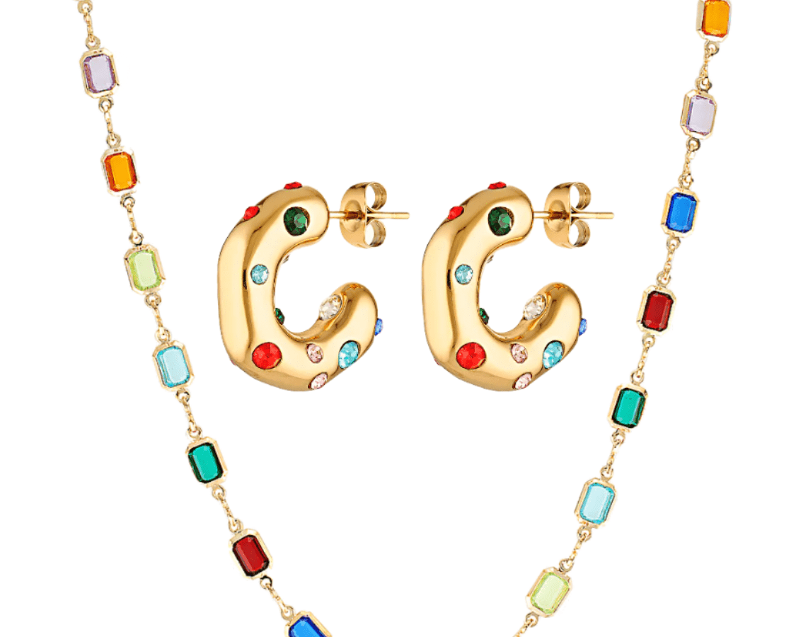 Multicoloured gemstone necklace and earring set in 18k gold fill - the Bixby Set