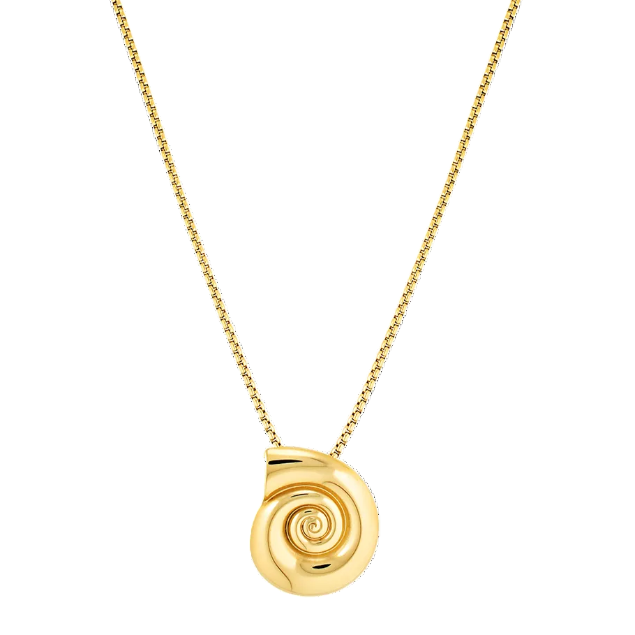 A gold-colored necklace with a shell-shaped pendant, displayed against a white background.