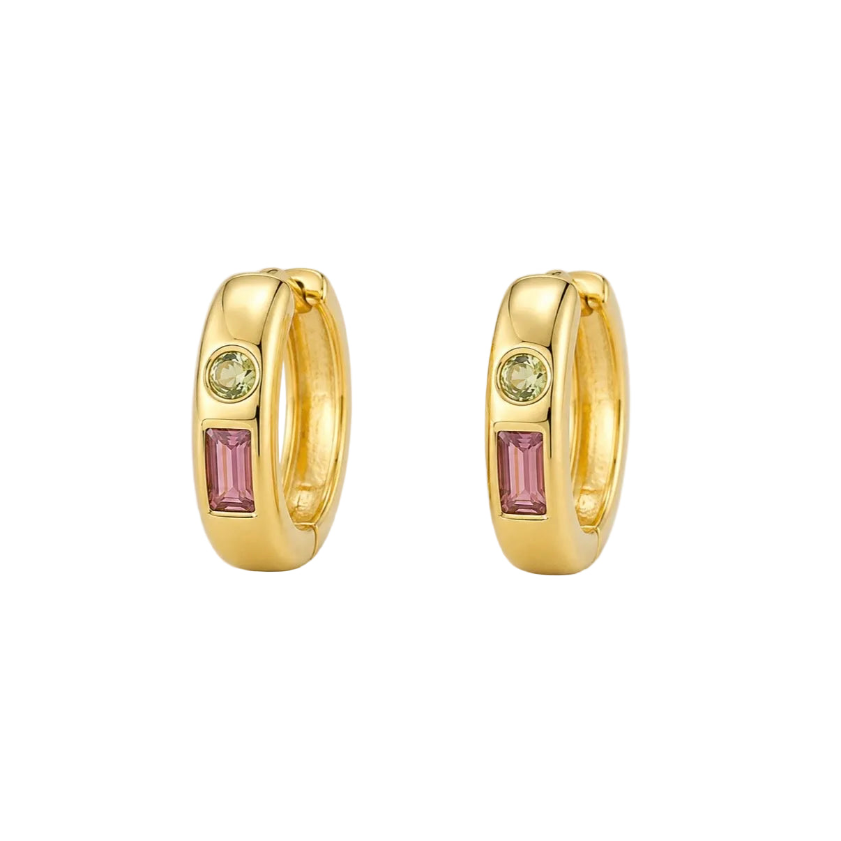 A pair of gold huggie hoop earrings with a rectangular pink gemstone and a round light green gemstone on each earring, set against a light gray background.
