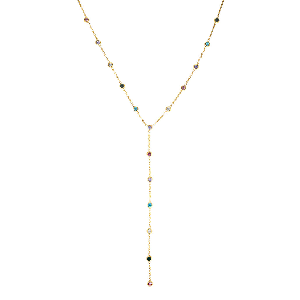 Gold necklace with colorful beads on a white background