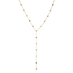 Gold necklace with colorful beads on a white background
