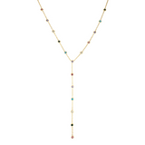 Gold necklace with colorful beads on a white background