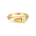 Citrine and Gold ring with a rectangular stone on a white background