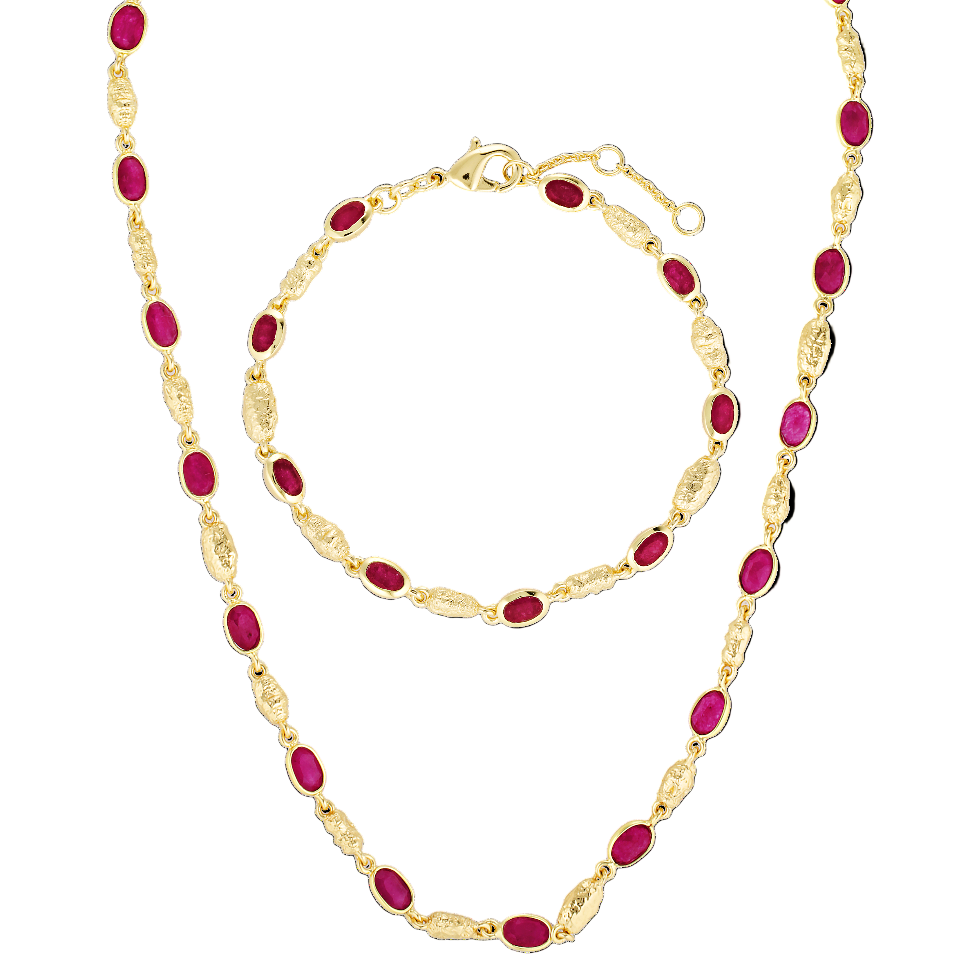 Gold necklace with red beads on a white background