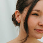 Close-up of a woman wearing gold earrings with a plain background