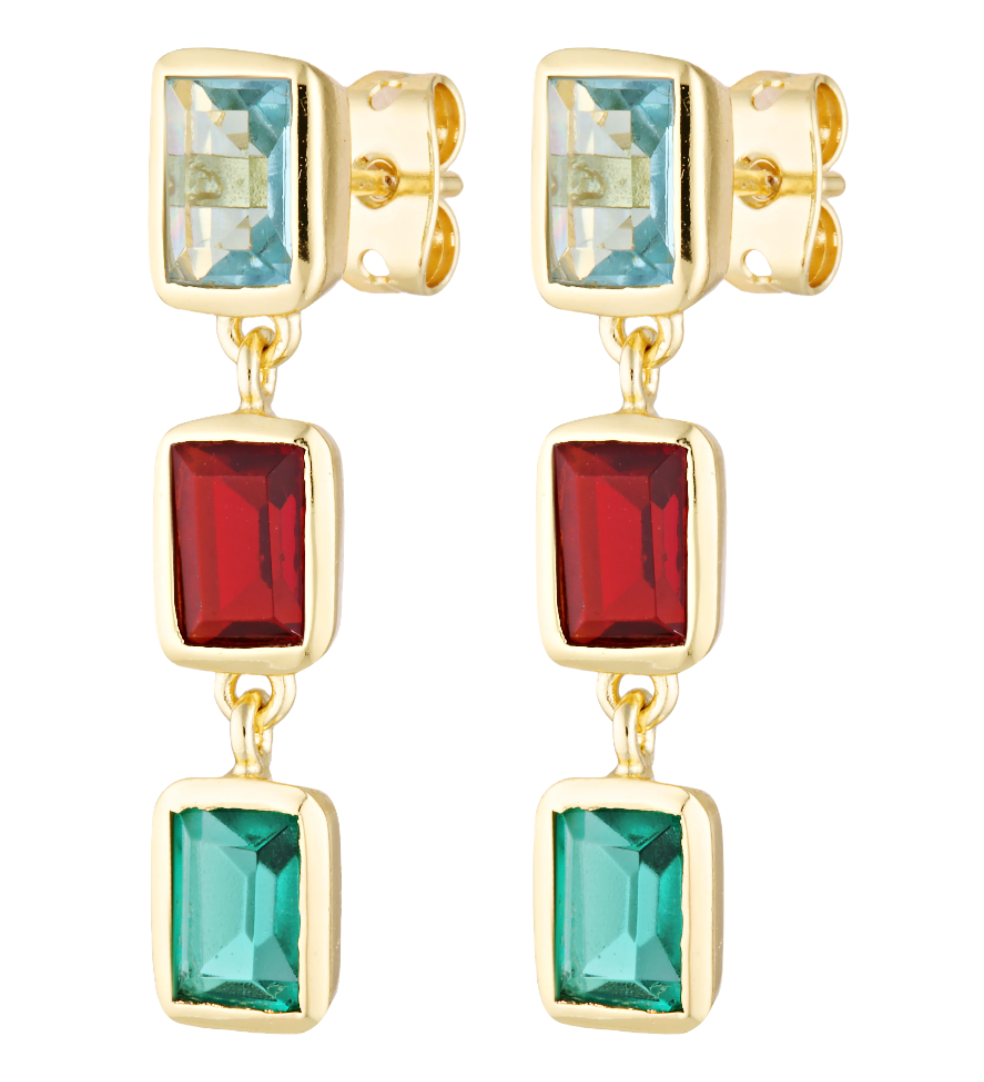 Aquamarine, Topaz and garnet dramatic drop cocktail earrings 