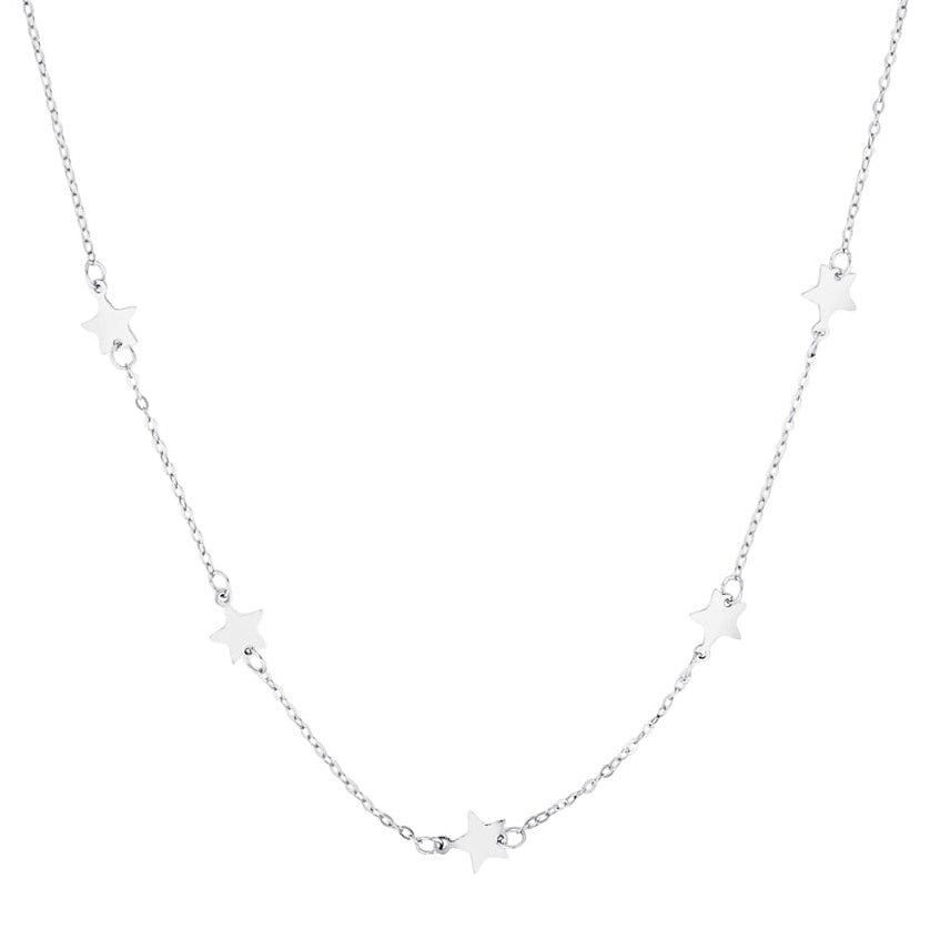 Silver necklace with star-shaped pendants on a white background