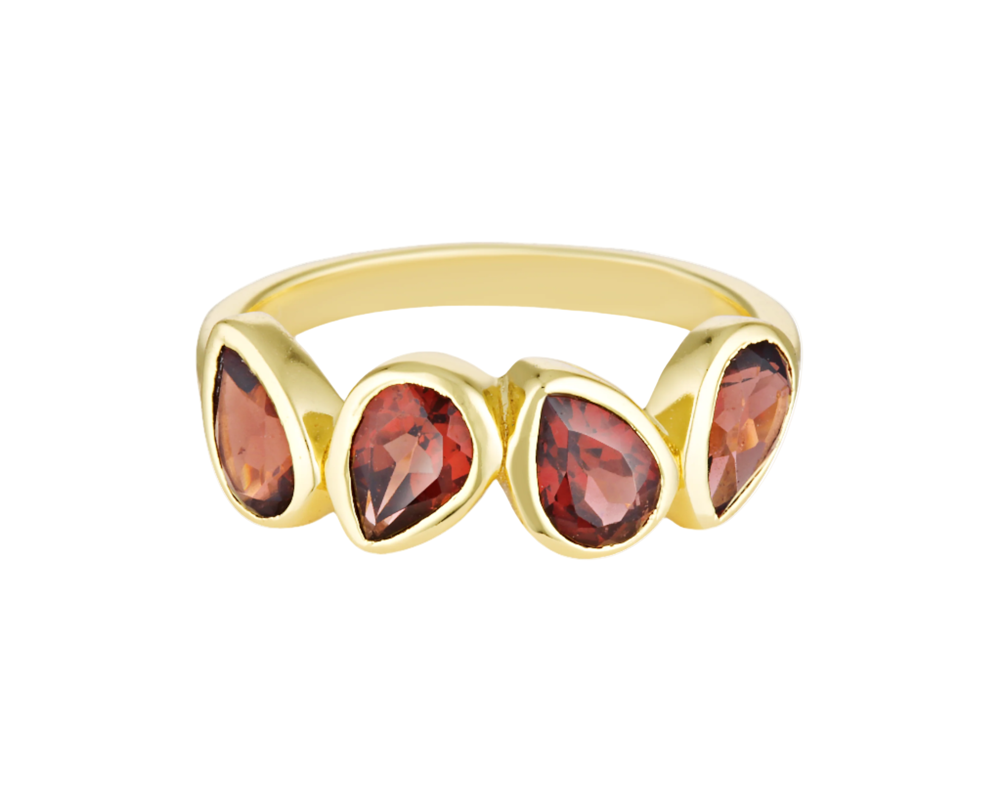Gold ring with four red gemstones on a white background