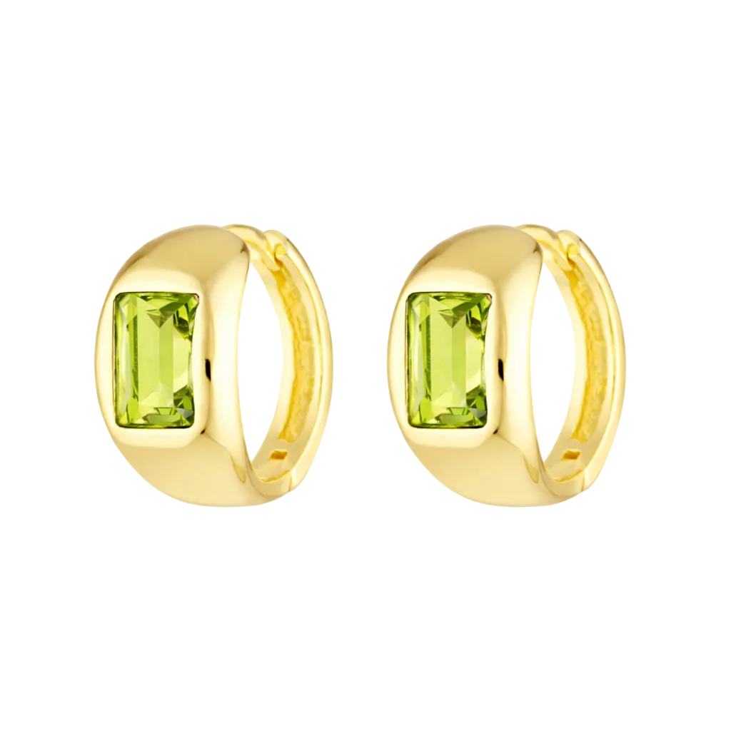 Gold hoop earrings with green gemstones on a white background