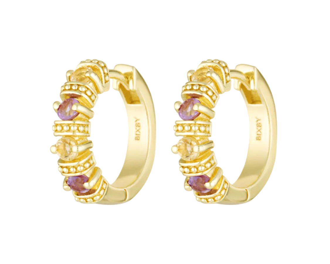 Gold hoop earrings with embedded gemstones on a white background