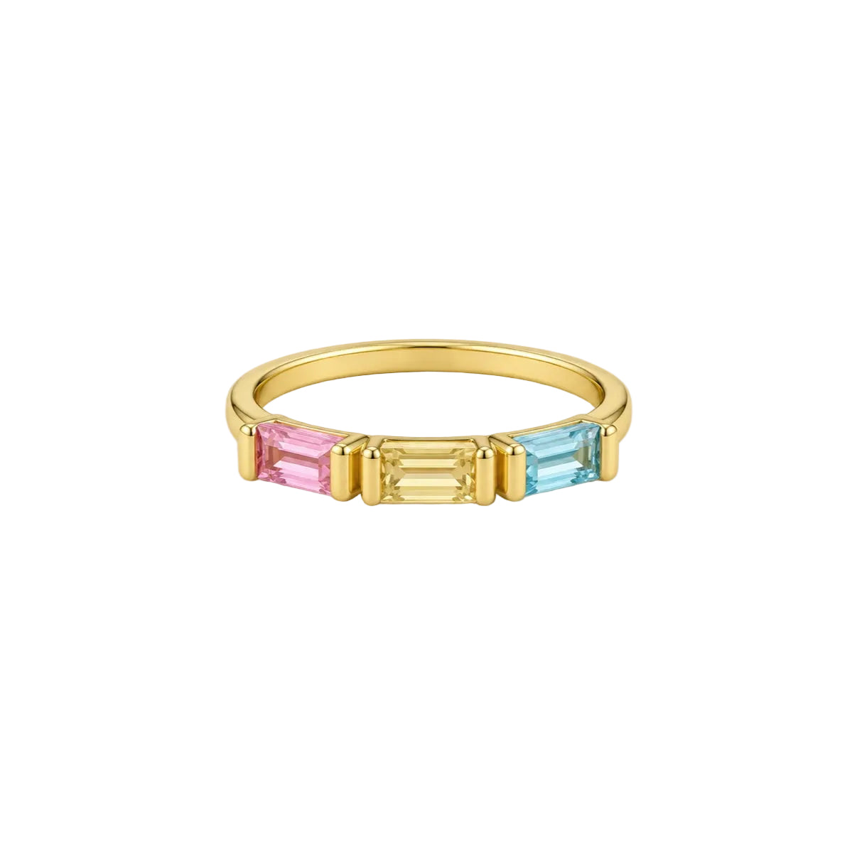 A gold ring featuring three rectangular baguette-cut gemstones in pink, yellow, and light blue, set against a plain light gray background.
