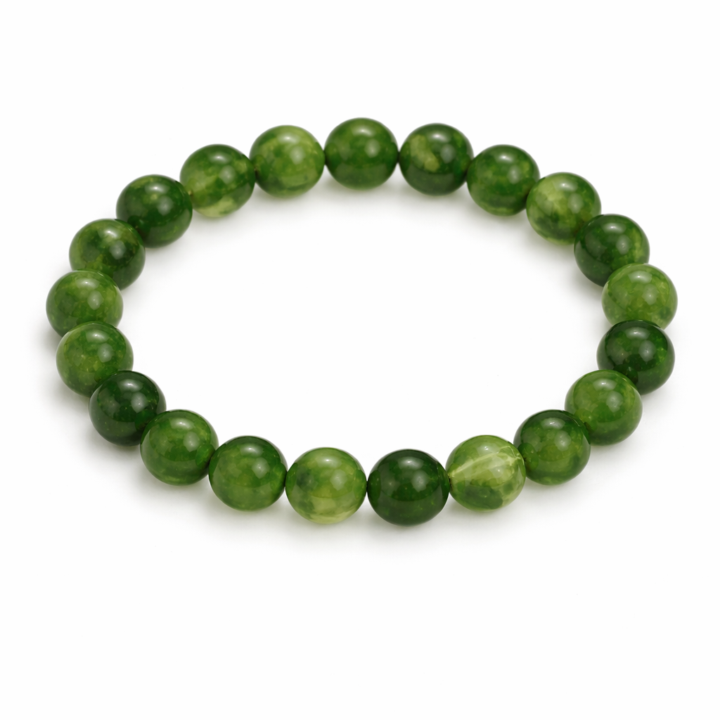 Green beaded bracelet on a white background