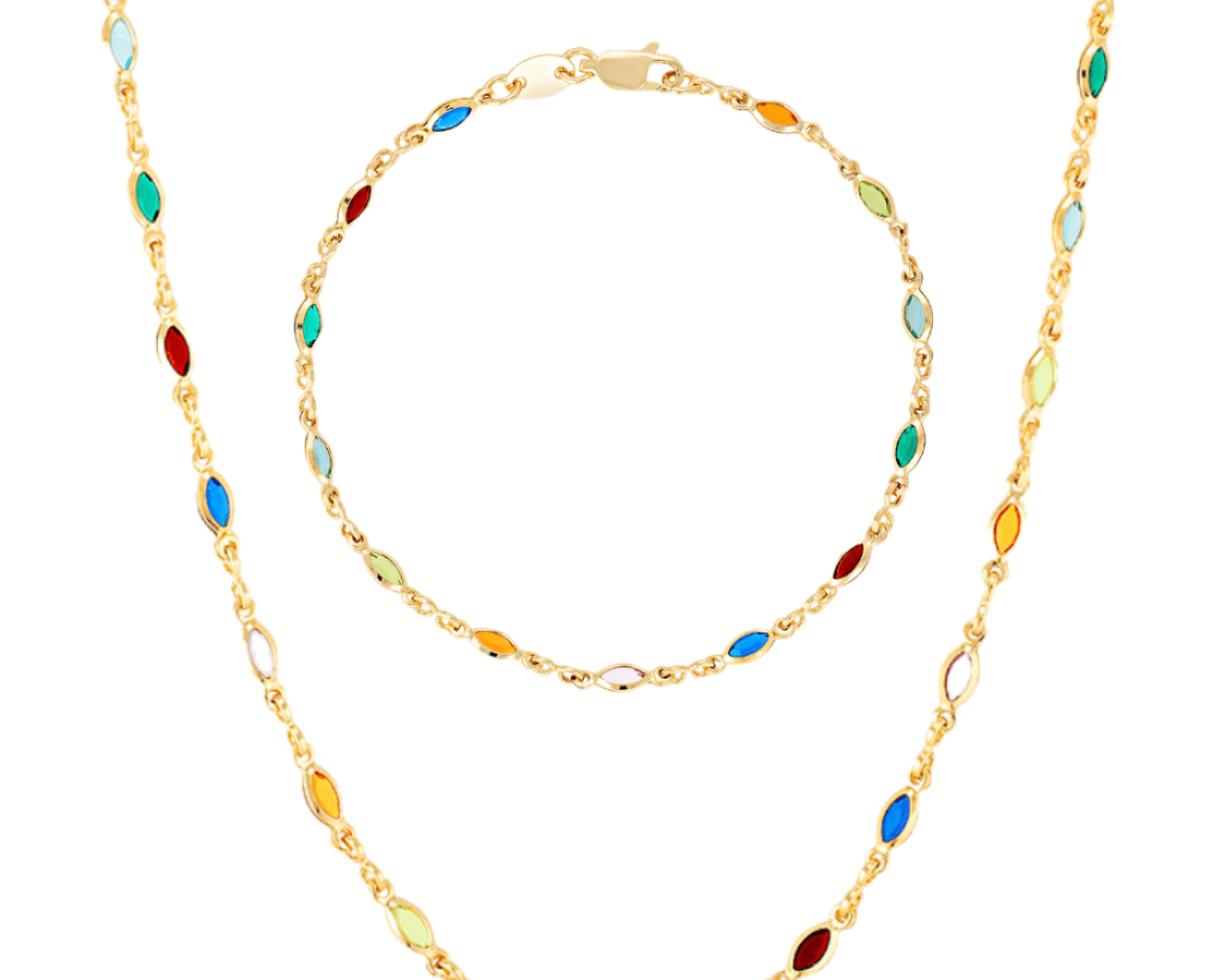 Dainty oval gemstone necklace and bracelet set Confetti set