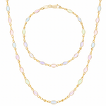 Gold necklace with multicolored beads on a white background