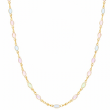 Necklace with pastel-colored beads on a gold chain against a white background