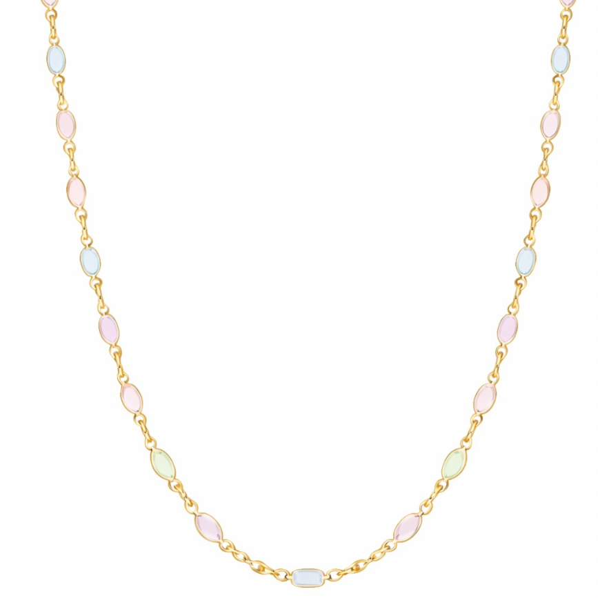 Necklace with pastel-colored beads on a gold chain against a white background