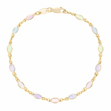Gold bracelet with pastel-colored beads on a white background