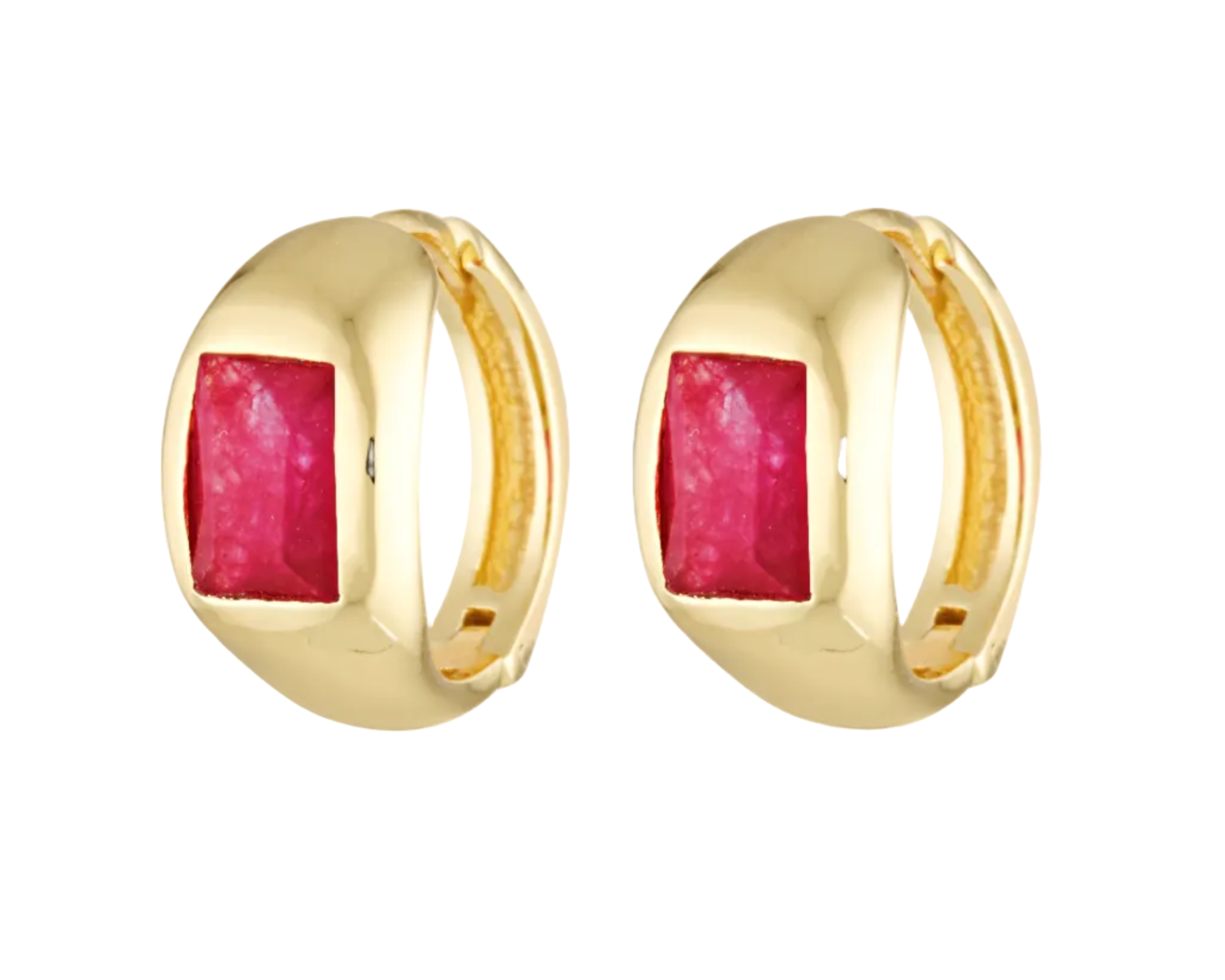 Gold hoop earrings with red gemstones on a white background